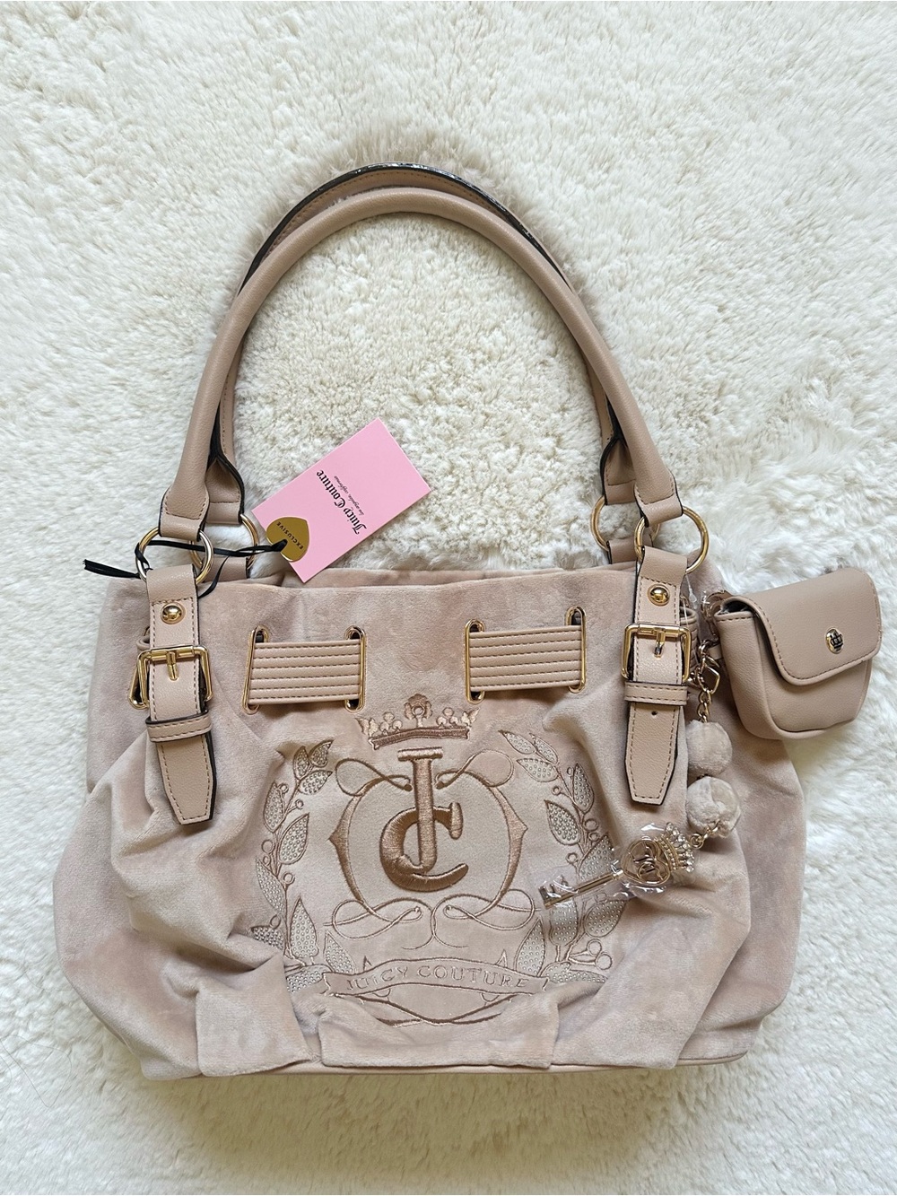 Juicy Couture Sparkle Royal Terry Tote Beige with Charms NWT